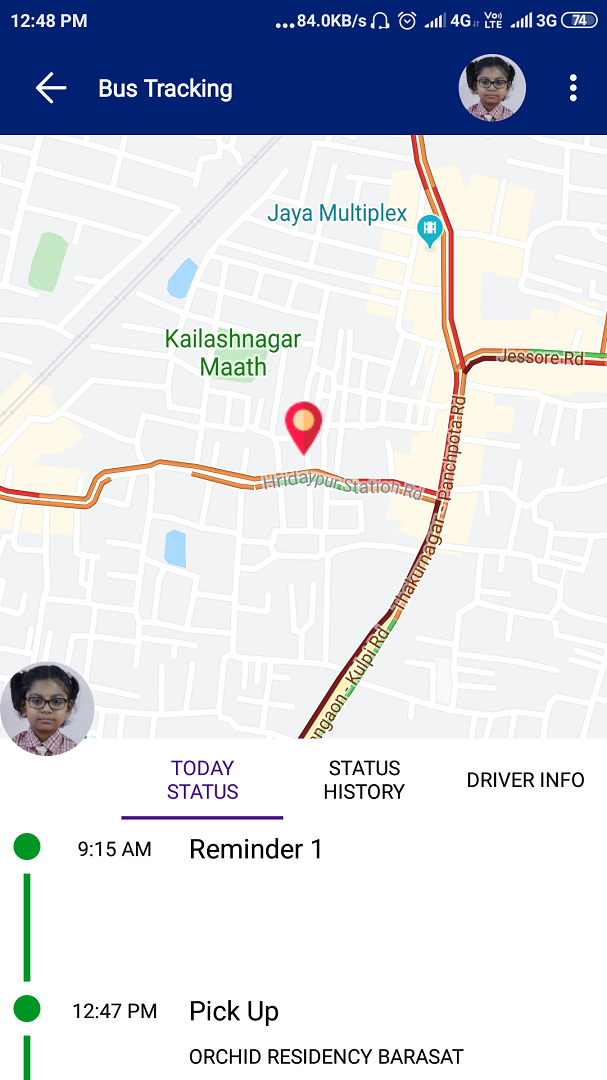 School eDiary school bus tracking on a live map with pick-up status